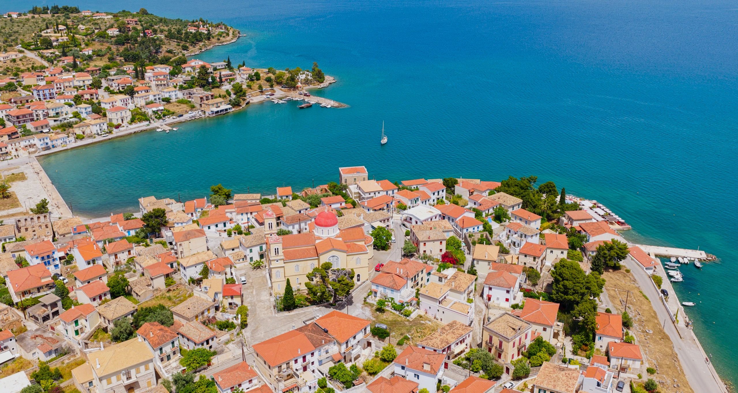 Galaxidi village aerial view, traditional greek coastal town